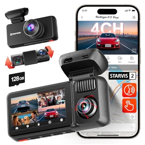 REDTIGER F17 Plus 4 Channel Dash Cam 2.7K+1080P*3, STARVIS 2, 128GB Card Included, 360° Front Inside and Rear Cabin Car Camera, IR Night Vision, 5GHz WiFi GPS, Voice Control, Touchscreen, Parking Mode