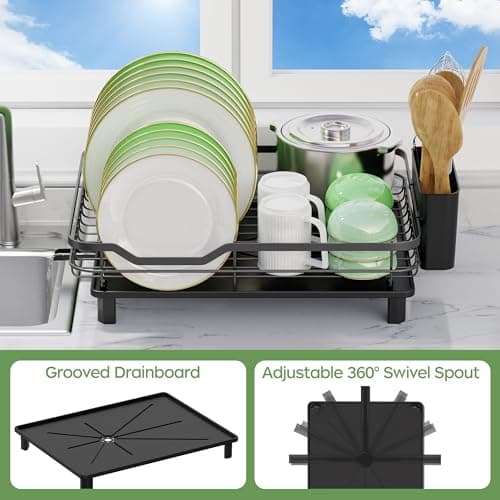 ROTTOGOON Dish Drying Rack, Stainless Steel Rustproof Dish Rack for Kitchen Counter, Sturdy Dish Drainer with Drainboard, Drainage, Utensil Holder for Various Kitchenware, 16.2"(L) x 12.6"(W), Black 6