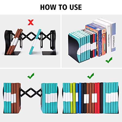 2PCS Adjustable Bookends, Metal Book Ends for Heavy Book, 2 Dividers, Nonslip Book Stander for Desk, Shelf, Office, Stationery Gift, Extends up to 19 inches (Black) 5