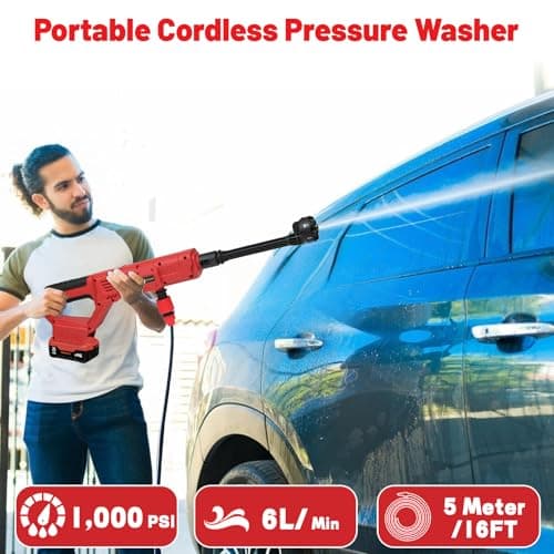 Cordless Pressure Washer for Milwaukee M18 Battery, Portable Cordless Power Washer 1000PSI, Handheld Car Pressure Washer with 6-in-1 Nozzle for Patio Car Floor Fence Deck Indoor(Tool Only) 6