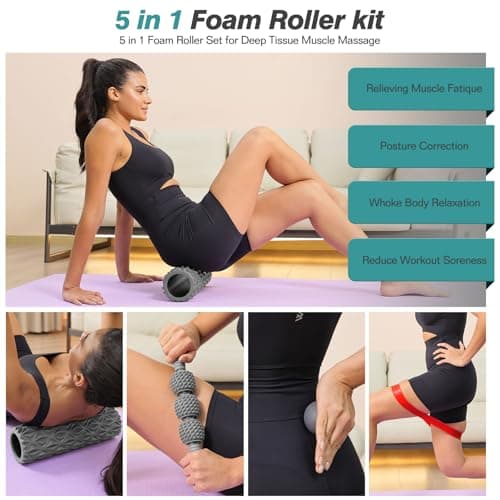 5 in 1 Foam Roller Set - Trigger Point Foam Back Roller, Muscle Roller Stick, Massage Ball, Stretching Band for Deep Muscle Massage Pilates Yoga,Fitness Exercise for Whole Body Release 7