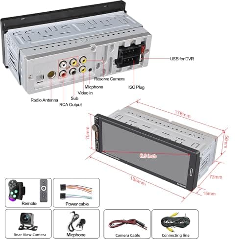 [Wireless] Alondy Single Din Car Stereo with 6.9" Touchscreen Compatible with Apple CarPlay/Android Auto Bluetooth AM/FM Radio Type-C USB 2.1A Fast Charge Rear View Camera Mic 8