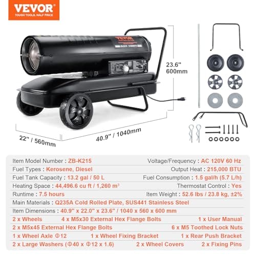 VEVOR Kerosene Forced Air Heater, 215000 BTU Portable Torpedo Diesel Space Heater with Thermostat, 13.2 Gallon Tank Energy-Efficient heavy-duty Heater, for Indoor Outdoor Use Workshop Industry 7