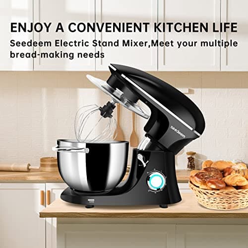 Seedeem Stand Mixer, 6Qt Electric Food Mixer, 660W 6-Speeds Tilt-Head Dough Mixers with Dishwasher-Safe Dough Hook, Wire Whip & Beater for Daily Use, Black 5