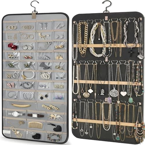 SoCal Buttercup Hanging Jewelry Organizer Storage with Hanger Metal Hooks Double-Sided Jewelry Holder- Wall Mount Holder for Earrings, Necklaces, Rings on Closet, Wall, Door, 1 piece, Large, Black
