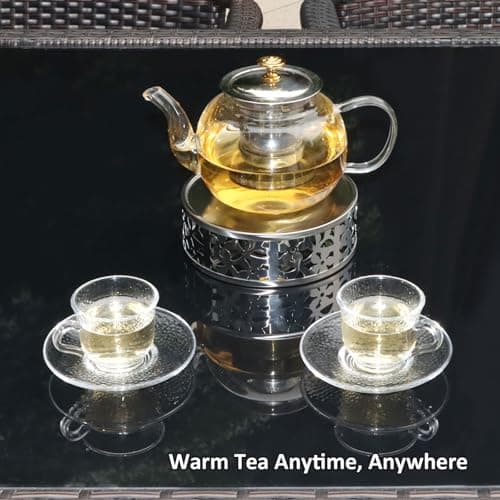 Tea Warmer Petals Silhouette, JUKFITA Silver Brushed Stainless Steel Teapot Warmer, Includes 1 Tealight Holder 5