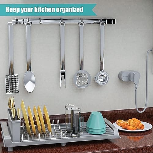 Extendable Dish Drying Rack,Space-Saving Multifunctional Compact Dish Racks for Kitchen Counter,in Sink Small Dish Drying Rack, Auto-Drain Stainless Steel Dish Strainers with Utensil Caddy (Gray) 5
