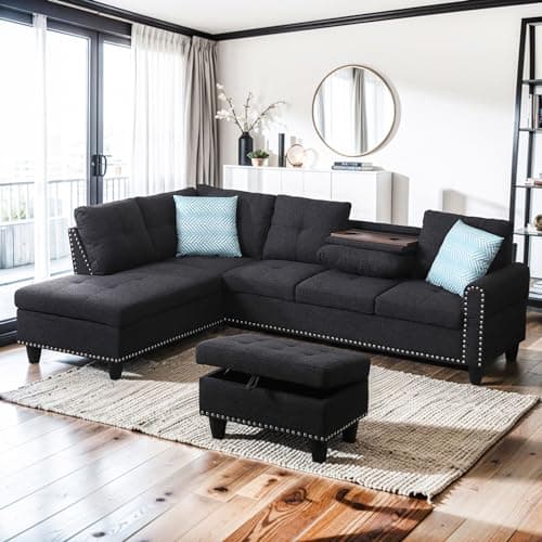 Yehha L-Shaped Sectional Sofa, Rivet Hemming Upholstered Modular Couch with Reversible Cup Holder & Storage Ottoman, Comfy Couches for Living Room, Apartment, Dark Grey