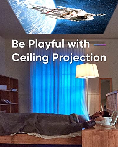 NOMVDIC R150 Mini Projector, Portable Battery Operated Projector with 4hrs of Playtime , Ceiling Projector with 90˚ Rotating Lens, 6W Harman Kardon Speaker, Auto Keystone 5