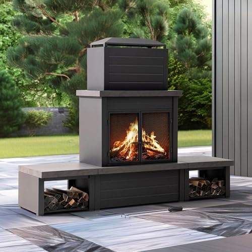 SUNJOY Outdoor Fireplace with Wood Storage and Chimney, Steel Metal Wood Burning Fire Pit with Mesh Spark Screen Door & Fire Poker, Fireplace Tool and PVC Cover, for Patio Garden Deck Backyard, Brown