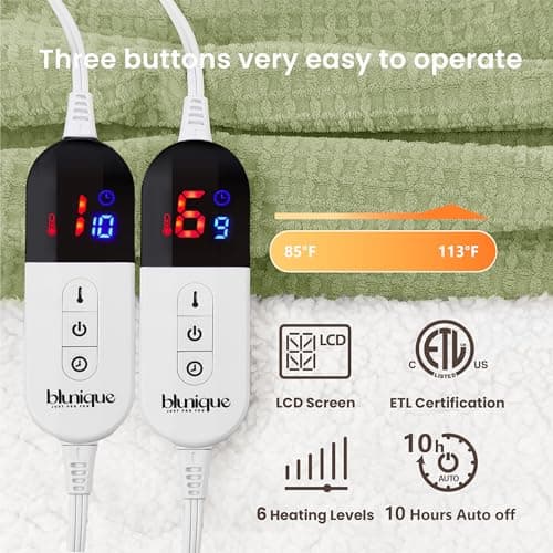 blunique Heated Blanket Electric Blanket Queen Waffle, 84x90 Inches Dual Controllers Sherpa Fleece Fast Heating Blanket 6 Heating Levels & 10 Hours Auto Off ETL Certification, Sage Queen 5