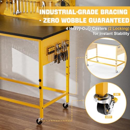 Work Bench, Ferreteriai 47" Heavy Duty Workbench with Power Outlet & USB-C, Exclusive Yellow Side Battery Holder, Adjustable Height, 2100LB Capacity, Locking Wheels for Garage Workshop 7