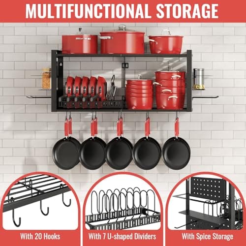 31 Inch Pot Rack Wall Mounted，3 in 1 Pots and Pans Organizer with 2 tier Kitchen Racks & Pot Lid Organizer Holder and 20 Hooks,Heavy Duty Hanging Pot Hanger for Kitchen Cookware, Utensils, Black 5