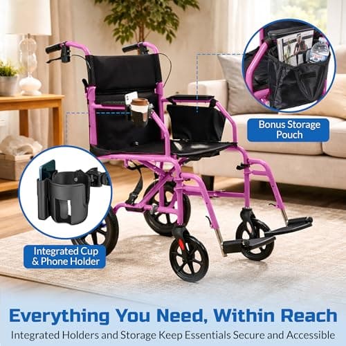 Platinum Health Hummingbird™ Ultra-Lightweight Foldable Transport Wheelchair, Handbrakes,12-Inch Rear Wheels, Extra-Wide Seat. Convenient Table-Length Padded Armrests. (Sunrise Pink) 3