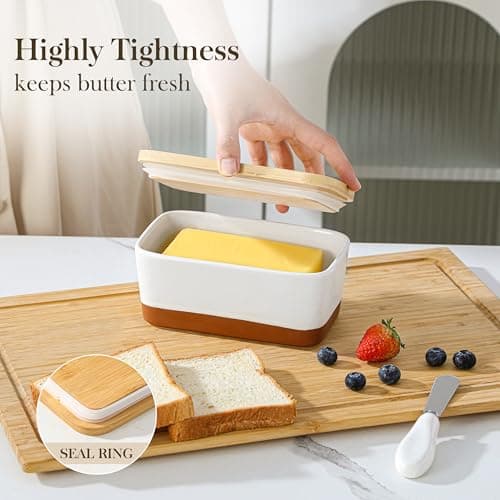 MALACASA Butter Dish with Lid, Large Butter Dish for Countertop, Ceramic Butter Keeper Container with Knife and Bamboo Lid, White, Series TARA 8