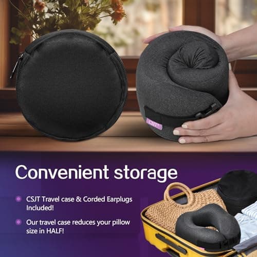CSJT Travel Pillow Vac Compressed Memory Foam Neck Pillow Airplane,Comfortable,Neck Support,Machine Washable,Airplanes Travel Essentials Accessories for Office,Flight,Cars Breaks Sleeping(Black) 6
