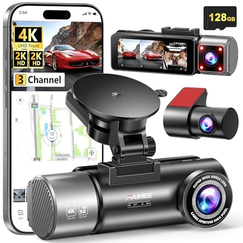 4K+2K+2K 3 Channel Dash Cam Front and Rear, 128GB Card Included, Dash Camera for Cars 5.8G/2.4G Dual Wifi, Built-in GPS, Night Vision, WDR, 170°Wide Angle, G-Sensor Emergency Lock, 24H Parking Monitor