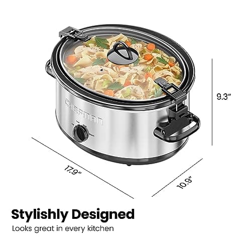 Chefman 6 Quart Slow Cooker with Locking Lid, Ceramic Crock with Portable Cook and Carry Travel Latching Lock, Large Easy Clean Dishwasher Safe Pot Insert, Manual 3 Heat Settings, Stainless Steel 9