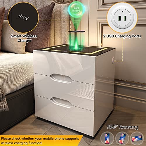 kepptory White Smart Nightstand with Wireless Charging Station & Adjustable LED Lights, High Gloss End Table with 3 Drawers & USB Charging, Bedside Table Organizer for Bedroom Use 7