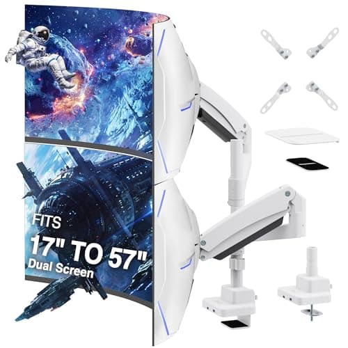 AVLT Dual 57 Inch Heavy Duty Stacking Monitor Arm Pole Top Mount With USB-C USB-A Ports-White, Height Adjustable, Easy Install Top C-Clamp/Grommet With Reinforcement Plates, VESA Compatible 200/100/75