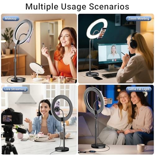 Desk Ring Light with Magnetic Phone Holder, 10'' Video Conference Podcast Lighting Kit for Laptop Computer Monitor Zoom Call Streaming, 3 Color LED Halo Light with Adjustable Stand for Home Office 5