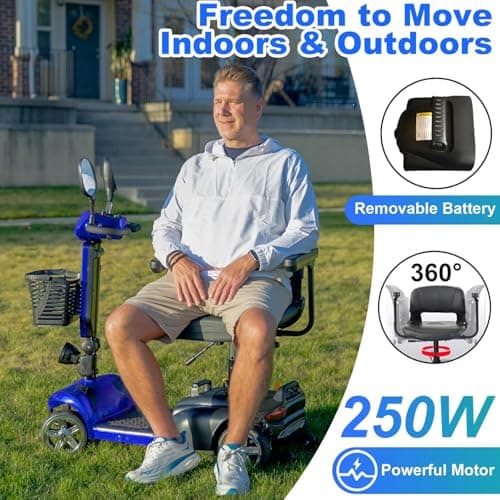 4 Wheel Mobility Scooters for Seniors, Folding Electric Powered Wheelchair, Compact Heavy Duty Mobile for Travel, Adults, Elderly, Long Range Power Extended Battery with Charger and Basket Blue 5
