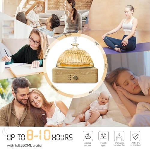 Glass Dome Essential Oil Diffuser with Glass Reservoir & Wood Base-No Plastic, 200ml Ultrasonic Diffuser for Aromatherapy with Timer 7 Color Light Auto-Off for Home Office Yoga Pilates 6