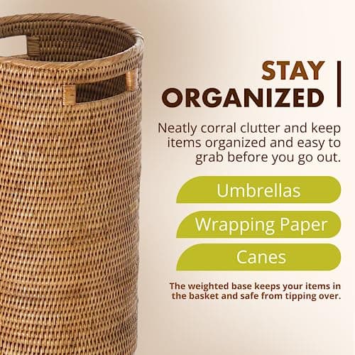 KOUBOO La Jolla Rattan Umbrella Stand, Handmade, Honey Brown, Umbrella Holder, Sturdy, Walking Sticks, Canes, Entryway, Mudroom, Office, Dip Tray, Home Decor 5