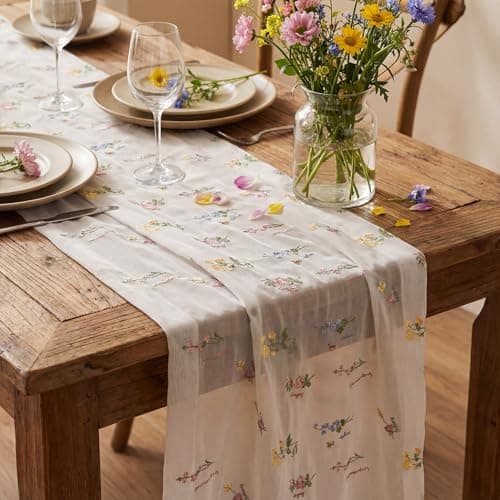 Remagr 9.8 ft Floral Table Runner Embroidery Flower Seasonal Table Decorations Tulle Fabric for Home Indoor Decor, Bridal Shower Wedding, Baby Shower Parties, Holiday DIY Craft Kitchen Decor