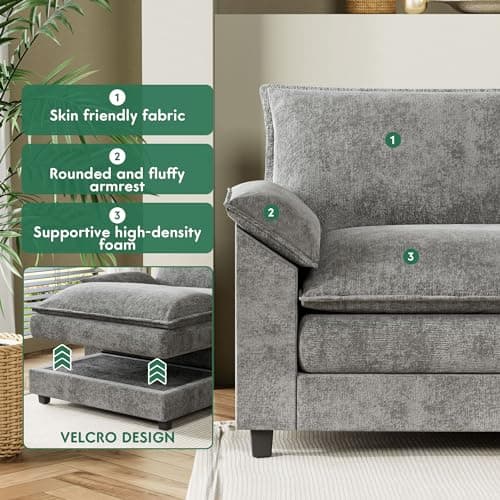 YESHOMY Sectional Modular Sofa U Shaped Chenille Fabric Couch with High Supportive & Soft Sponges and Removable Ottoman, Sleeper Comfy Upholstered Furniture for Living Room, Grey 7