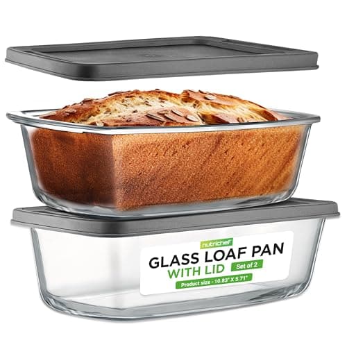 NutriChef 4 Piece Glass Loaf Pan Set with Lids - Stackable 1.9 QT/62oz Glass Bread Baking Dishes - 2 Food Storage Containers + 2 Airtight Lids, Oven & Microwave Safe, Dishwasher Safe - Clear