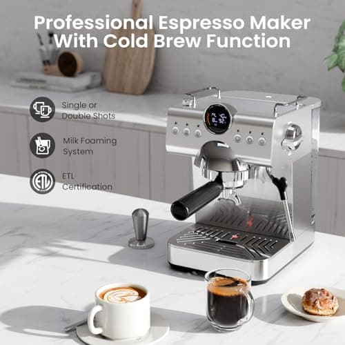 Kismile Espresso Machine with Cold Brew, Professional Espresso Maker with Milk Frother Steam Wand for Latte & Cappuccino, Espresso Coffee Machine with LED Display for Home Use(Stainless Steel) 5
