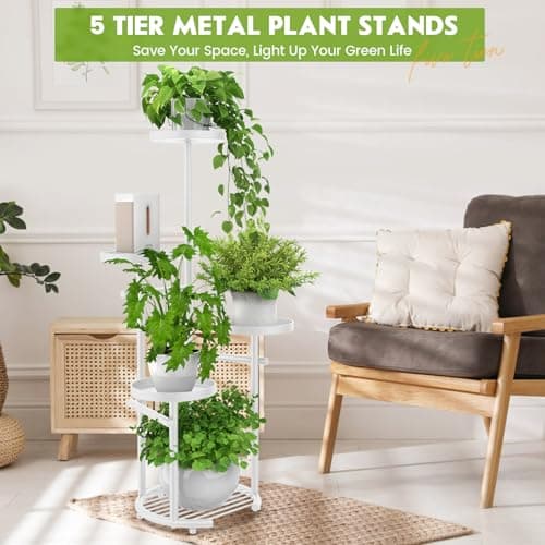 TOSKING 5-Tier Metal Plant Stand, Anti-Tip Round Base for Pots, Child & Pet Friendly, Space Saving Corner Shelf Flower Pot for Indoor Outdoor Use, Living Room Balcony Patio Garden (White, 38in) 2