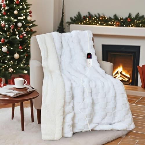 AEPINBH Electric Blanket Throw - Soft Checked Flannel with 6 Heating Levels, 4 Hours Auto-Off, Fast Heating, ETL & FCC Certified, 50"x60", Overheating Protection, Cozy Heated Blanket Throw（White）