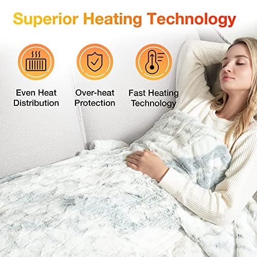 WOOMER Heated Blanket Throw 50" x 60", Electric Blanket Throw with 4 Heating Levels & 4H Auto Off, ETL Certified, Marble Blue Double-Sided Faux Fur, Over-Heat Protect, Machine Washable 6