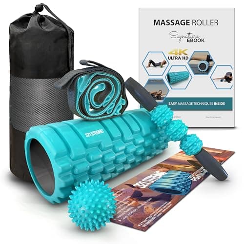 321 STRONG Foam Roller Set with: Hollow Core Roller, Muscle Roller Stick, Stretching Strap, Spikey Ball, Quick Start Guide, Carry Bag, and 4K eBook