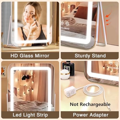halumao Vanity Mirror with Lights, 14.5" Light Up Makeup Mirror, LED Makeup Mirror with Lights for Bedroom Tabletop, Smart Touch Control 3 Colors Dimmable, 360° Rotation 5