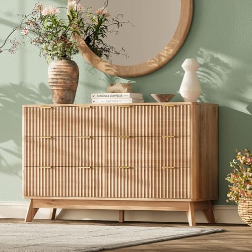 TROJM 47'' Wide 6 Drawers Dresser for Bedroom,Modern Fluted Vertical Chest with Rounded Corners,Fluted Dresser for Living Room,Hallway, Natural Wood