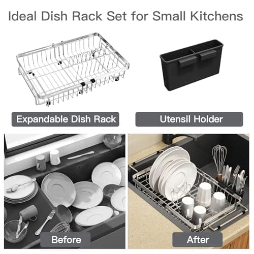 MAJALiS Expandable Stainless Steel Over The Sink Dish Drying Rack for Small Kitchen, Counter Space Saving, Hanging Compact RV Plate Drain Strainer in Silver Wire Metal with Adjustable Utensil Holder 8