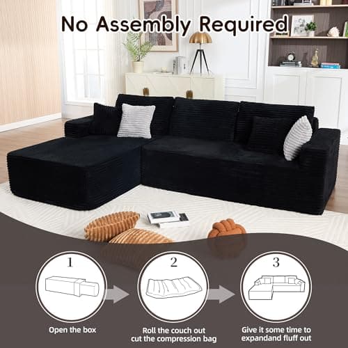 Opiesit 108" Boneless Couches for Living Room, Modular Sectional Sofa with Oversized Chaise, L-Shape Cloud Couch with Deep Seat, High-Density Memory Foam, No Assembly Required, Plush Corduroy Black 7