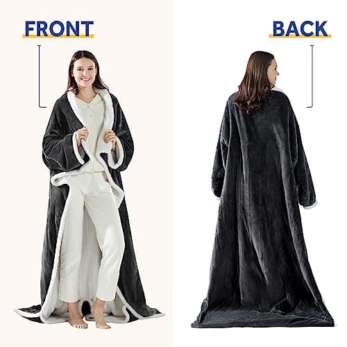 Sealy Electric Blanket Wearable with Foot Pocket, Electric Snuggle Blanket with Sleeves, Flannel & Sherpa Heating Throw with 6 Heat Settings & 2-10 Hours Auto Shut Off, 50 * 70"+18", Dark Grey 6