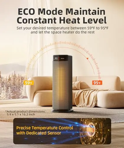 BREEZOME Space Heater for Indoor Use, 1500W Fast Heating Electric Heater with Thermostat & 24H Timer, 90°Oscillating PTC Ceramic Heater, Portable Room Heaters for Home Bedroom Office, Dark Grey 5