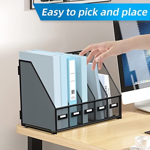SUPEASY Desk Organizers Metal Desk Magazine File Holder with 5 Vertical Compartments Rack File Organizer for Office Desktop, Home Workspace, Black 7