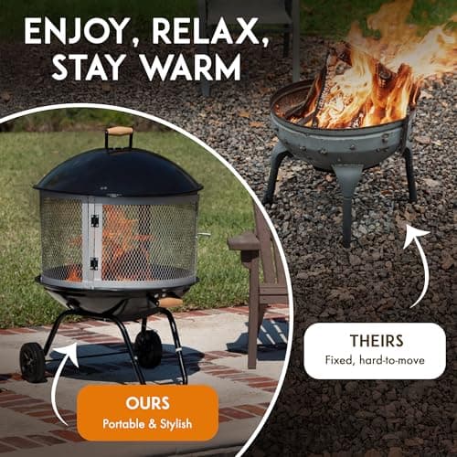 Fire Sense 01471 Fire Pit Bessemer Rolling Patio Fireplace Wooden Bonfire Porcelain Enamel Wood Burning with Wheels & Handle Grip for Outdoor Entertaining - Black & Silver - 28" 5