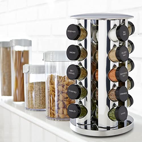 Kamenstein 20 Jar Revolving Countertop Spice Rack with Spices Included, FREE Spice Refills for 5 Years, Polished Stainless Steel with Black Caps, 30020 5