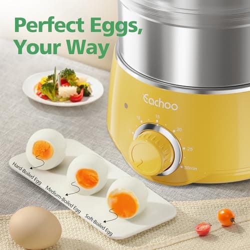 Hard Boiled Egg Cooker - CACHOO 14-Egg Rapid Stainless Steel Egg Boiler with 30-Min Timer & Auto Shut Off, Compact Electric Vegetable Steamer for Cooking, Dishwasher Safe, Retro Yellow 5