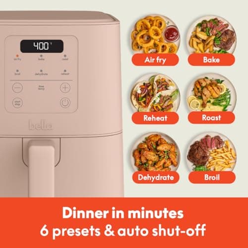 bella 4Qt Slim Air Fryer, Fits-anywhere™ Kitchenware, EverGood™ Ceramic Nonstick Coating, Adjustable Temperature, 6 Preset Cooking Options, 60 Min Auto Shutoff w Audible Tone, 3.3lb Capacity, Blossom 5