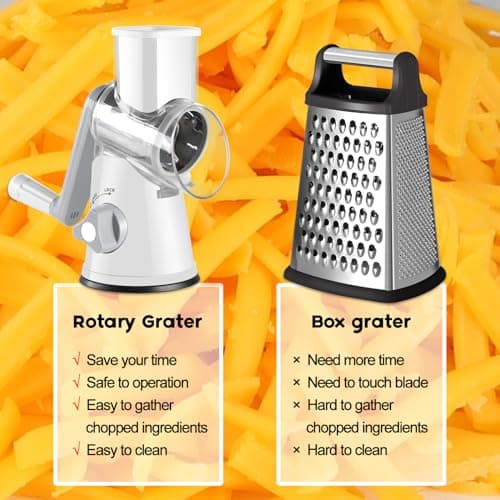 Ourokhome Rotary Cheese Grater Hand Crank, Kitchen Shredder Speed Mandolin Slicer Nuts Grinder with Handle and Drum Blades for Cheese, Vegetable, Walnuts, Chocolate, Potato, Carrot, 3 Blades, White 6