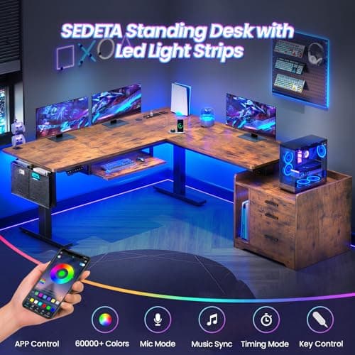 SEDETA L Shaped Electric Standing Desk with File Cabinet, 63 x 53'' Height Adjustable Home Office Computer Desk with 3 Drawers, Power Outlet, Stand up Gaming Table with Led Lights, Rustic Brown 8