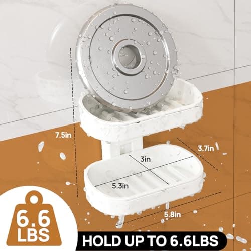 LEVERLOC Soap Dish Holder for Shower, Double Layer Suction Cup Wall Mounte Self Draining Removable Waterproof Strong Suction Bar Soap Holder for Shower, White 5